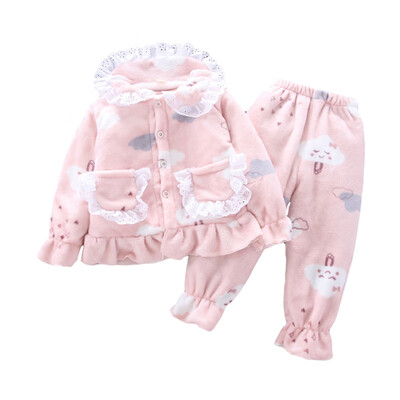 

Childrens Pajamas Set Girls Clothes Long Sleeved Girls Outwear Trousers Girls Flannel Cartoon Lace Outfits Autumn Winter