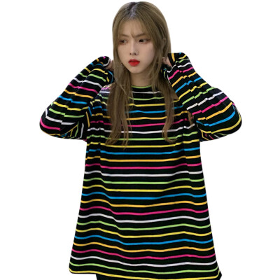 

Rainbow Striped Kawaii T-shirts Long Sleeve Soft Loose Korean Style Women Tee Sweet Punk Oversized T-shirt Stranger Things