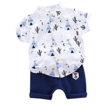 

Summer Baby Boys Casual Short Sleeve Floral Pattern shirt TopsDenim Shorts Set