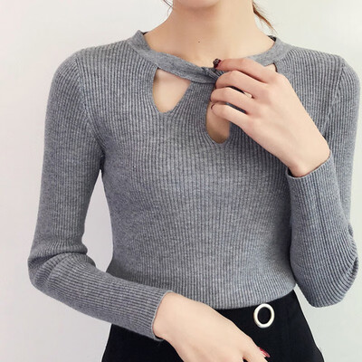 

Slim Hollow Solid Color Sweater Women Korean Style Round Neck Sweet Sweaters Female Fashion Casual Knit Pullover