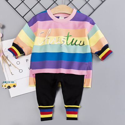 

Autumn Baby Girls Letters Striped Print Long Sleeve T-shirt Blouse Trousers Casual Outfits