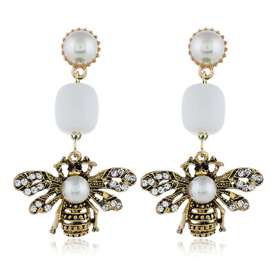 

Vintage Colorful Rhinestone Bee Women Long Dangle Faux Pearl Stud Earrings Gift