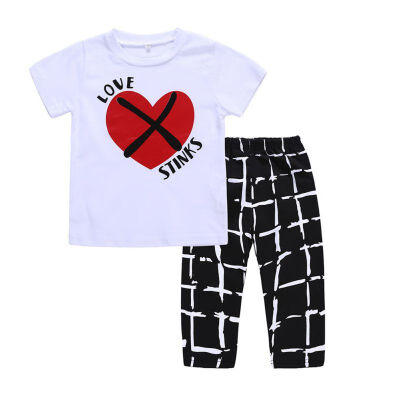 

Kids Baby Girls Boys Summer Cotton T-shirt Plaid Pants Clothes Outfits Set of 2PCS Kids Clothing Set