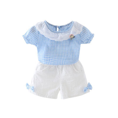 

2019 Baby Kid Girl Clothes Summe Cute Plaid Lace Girl Clothing Set Short Sleeves TopShort Pant 2PCs Kids Clothes Set