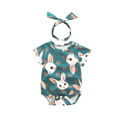 

Summer Newborn Girls Rompers With Hairband Short Sleeve Cartoon Animal Print Jumpsuit With Headband