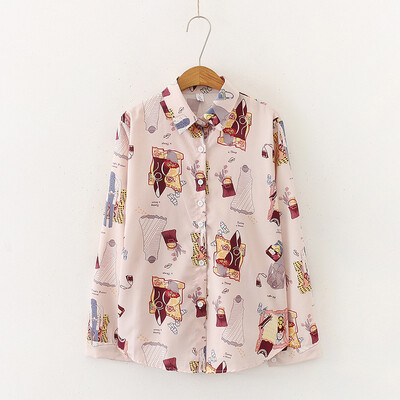 

New Graffiti Print Shirt Fashion Students Style Long Sleeve Tops&Blouses Womens Sweet Blouse