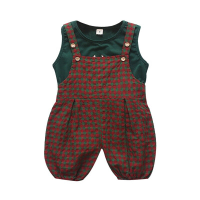 

Summer Baby Girls Casual Sleeveless Cartoon Print Vest TopsPlaid Suspenders Bib Pants Shorts Suits Costume Set