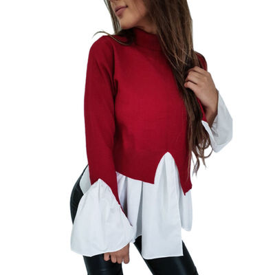 

Autumn Women T Shirt Fashion Bottoming Patchwork Long Flare SleeveTop Basic T-shirt Women