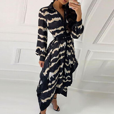 

Tailored Women Autumn Long Sleeve Wavy Print Irregular Button Casual Mini Dress