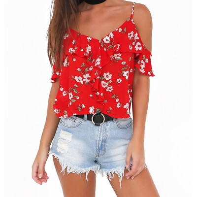 

women Sexy V Neck Ruffles Chiffon Camisole Floral Print Summer Beach Boho Camis Tops