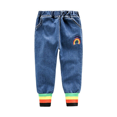 

Children Spring Autumn Long Pants Rainbow Embroidered Ribbed Beam Mouth Comfortable Cotton Casual Denim Loose Jeans