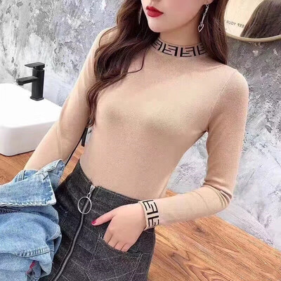 

Sweater Women Spring Autumn Knitted Turtleneck Letter Embroidery Sweaters Knitwear Elasticity Casual Knit Jumper Slim Pullovers