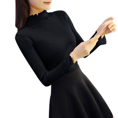

Autumn Winter Women Casual Cotton Half-high Collar Lace Bottoming Shirt Long-sleeved Slim Wild Solid Sweater Shirt