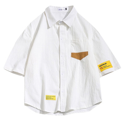 

Tailored Mens Linen Breathable Blouse Loose Shot Sleeve Letter Printed Chest Pocket Shirt