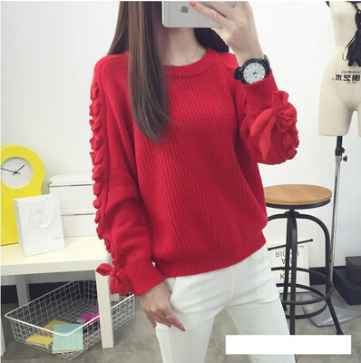 

The 2018 autumn winter Korean version of the new all-matching pure color sleeves with bow knitted pullover sweater