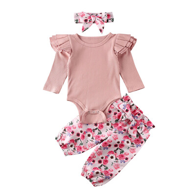 

3PCS Infant Toddler Baby Girl Clothes Ruffle Romper Bodysuit Floral Halen Pants Headband Outfits