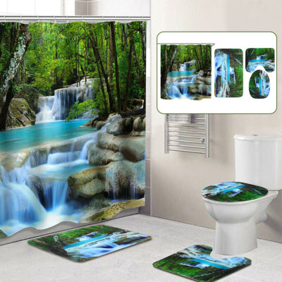 

4Pcs 3D Nature Scenery Shower Curtain Waterproof Bathroom Mat Lid Toilet Rug Set