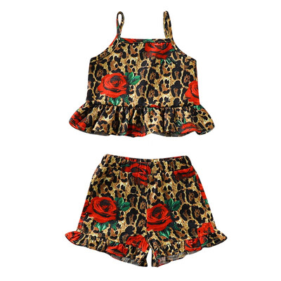

2PcsSet Summer Baby Girls Casual Sleeveless Strap Leopard Floral Print T-shirt TopsShorts Suits Costume Set
