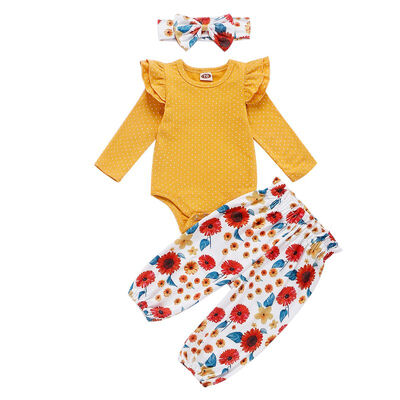 

Babys Sets Three Piece Girls Fashion Yellow Long Sleeved Bodysuit Flowers Print Trousers Hair Band Spring And Autumn New