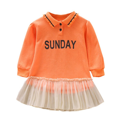 

Baby Girl Dress Autumn Girls Casual Wear Long Sleeve Sweet Letter Print Round Neck Mesh Stitching Kids Girl Cute Dress