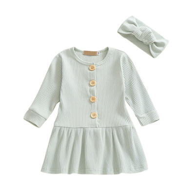 

Girls Dress With Hairband Long Sleeve Kids Dress For Girls Clothes Cotton Solid Color For Kids 1-5 Years Old