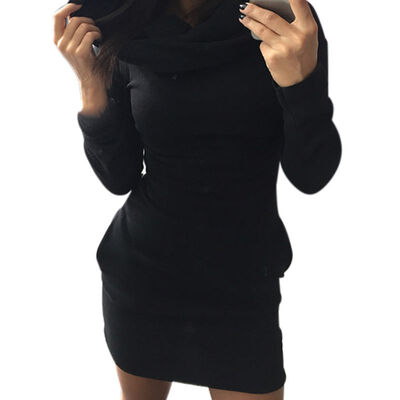 

Women Bag Hip Long Sleeve Hooded Dress Autumn And Winter Fashion Slim Solid Colors Dress