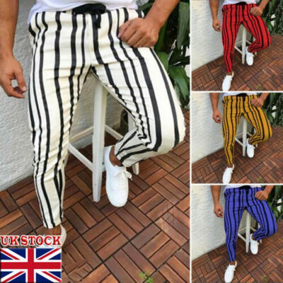 

Mens Stripe Skinny Harem Trousers Pants Joggers Jogging Slim Fit Casual Bottom