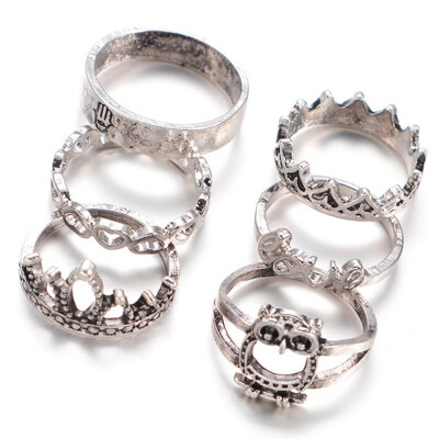 

6 Pcs Set Fashion Ornaments Retro Owl Crown Six Sets of Rings Jewelry