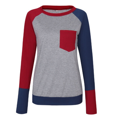 

Female O-Neck Long Sleeve Casual Simple T Shirts Pocket Patchwork Tops 2018 Spring Autumn Women Cotton Slim T-Shirts Tees