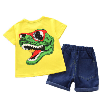 

Summer Kids Boys Short Sleeve Cartoon Dinosaur Print Tops Blouse T-shirtDenim Shorts Children Casual Outfits Sets