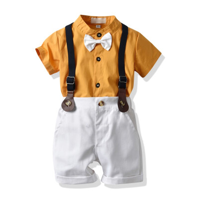 

0-4Y Lapel Cotton Summer Casual Baby Boy Set Gentleman Shirt With Bow Tie And Suspender Pants Kit Kids Overalls 2019