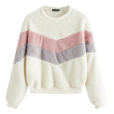 

Women Long-Sleeves Fleece Winter Stitching Plush Warm Pullover Shirt Tops