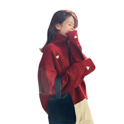 

Fashion Sweet Heart-shaped Print Sweater Knit Pullover Korean Style Women Turtleneck Red Loose Warm Sweater