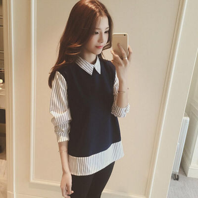 

Women Wild Lapel Long-sleeved Clothing Color Slim Long Section Fake Two-piece Female Girl Blouses And Tops Casual Clothing