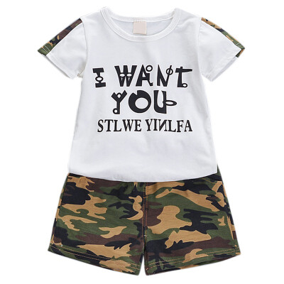 

2PcsSet Summer Children Baby Boys Casual Short Sleeve Letter Print T-shirt TopsCamouflage Shorts Suits Costume Set