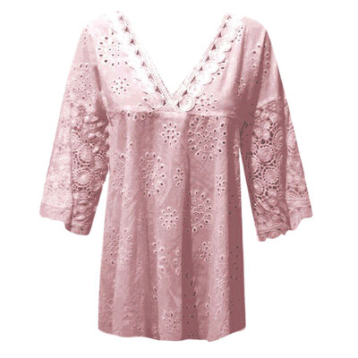 

Plus Large Size Women Shirts Blouses Long Sleeve V-Neck Sexy Blouse Tops Loose Hollow Out Lace Casual Shirt -5XL