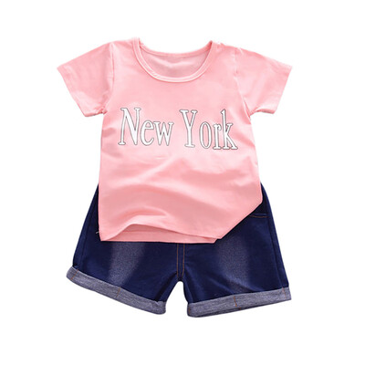 

Summer Baby Boys Clothes Sets Short Sleeve Letter Print Tops T-shirtDenim Shorts Casual Kid Clothing