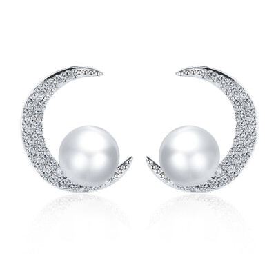 

1Pair Fashion Women Diamond Moon Pearl Stud Earrings Weeding Bride Jewelry