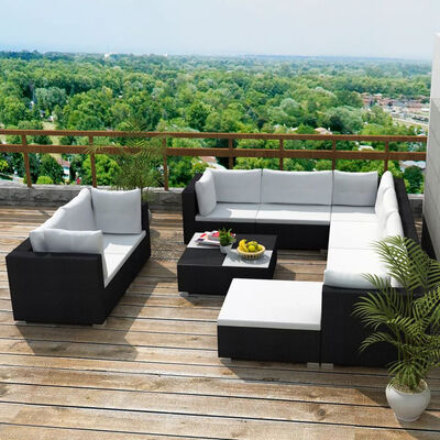 

10 Piece Garden Lounge Set with Cushions Poly Rattan Black