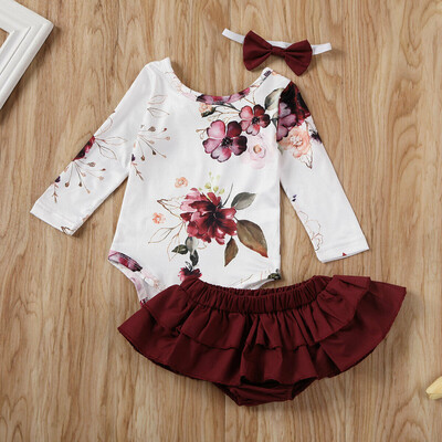 

Newborn Baby Girl Kids Flower Bodysuit Top Ruffle Shorts Headband Clothes