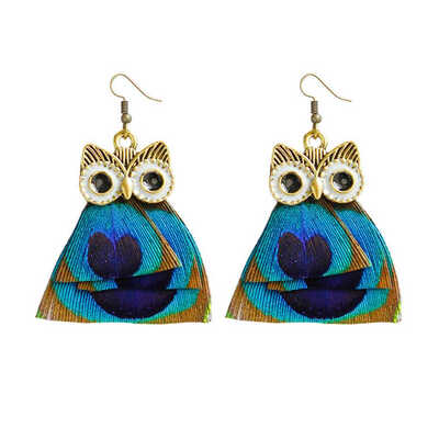 

1 Pair Bohemian Peacock Feather Owl Earrings Women Vintage Cute Animal Drop Earrings Ethnic Style Ear Studs