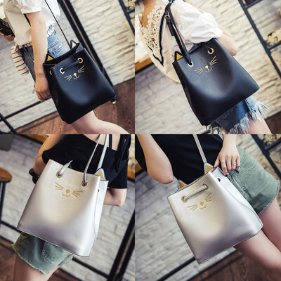 

Fashion Women Large Capacity PU Shoulder Bag Cute Cat Pattern Handbag Messenger Crossbody Tote Bucket Bag BlackSilver