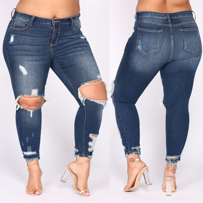 

Gobestart Fashion Womens Plus Size Pocket Hole Denim Button Zipper Sexy Slim Pants Jeans