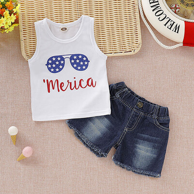 

Summer Children Clothes Baby Boys Clothes Casual Sleeveless Cartoon Print Vest TopsDenim Shorts Suits Costume Set