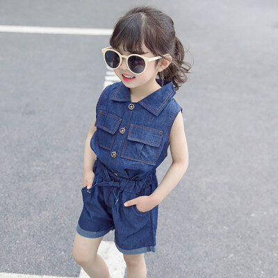 

Summer Baby Girls Clothes set Sleeveless Denim Solid Pattern Vest TopsShorts Suits Casual Clothing Sets