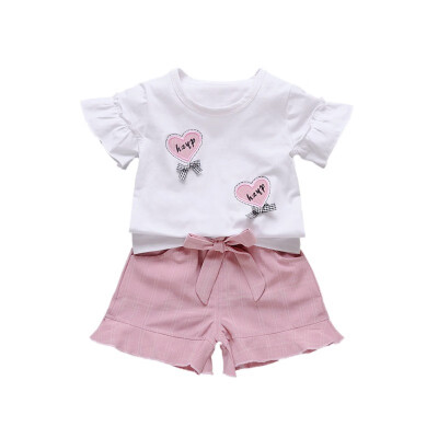 

2019 Hot sales childrens suit white shirt cartoon love print pattern solid color shorts girl set for 0-4T