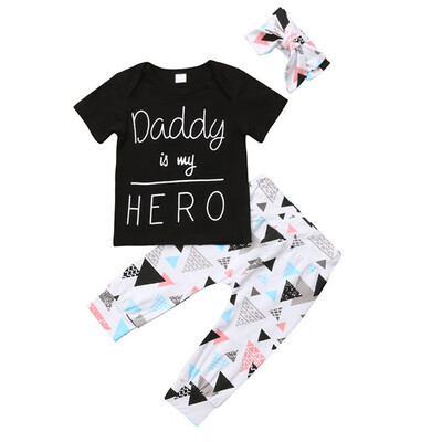 

New Arrival Children Clothing Set Short Sleeve Letter Cotton Black T shirt TopsLong Pantshairband Clothes Set
