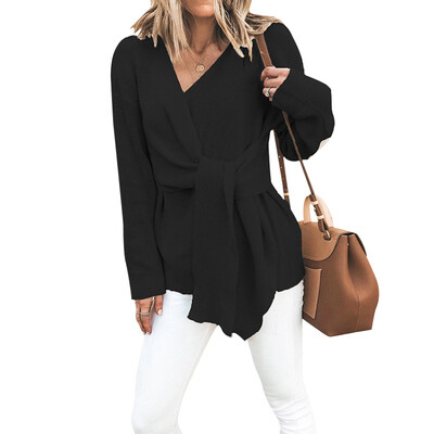

Womens V-neck Tie Long-sleeved Sweater Fashion Solid Color 2019 Autumn Winter Sweater