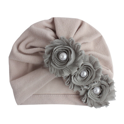 

Hot Sale Summer New Cute Baby Girl Hat Comfortable Breathable Solid Color With Flower Pearl Candy Color Turban Elastic Cap
