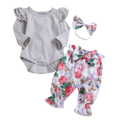 

Newborn Baby Set 0-12M Autumn Baby Girl Casual Long Sleeve Romper Tops Floral Trousers Headband Outfits Set